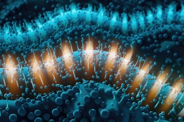 Poster - Microscopic view of DNA replication with glowing strands and protein complexes.