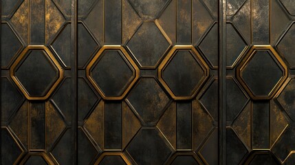 Poster - Dark Metallic Panel with Gold Geometric Hexagon Design
