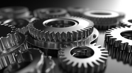 Poster - Various sizes of shiny metal gears are closely arranged, highlighting intricate details and smooth surfaces, emphasizing the beauty of mechanical engineering