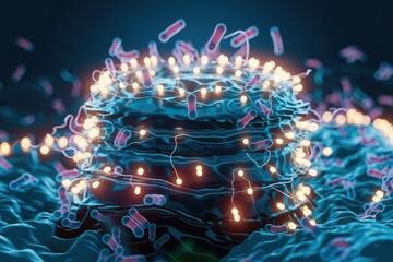 Poster - Microscopic view of bacteria interacting with a cell membrane, showcasing complex biological processes.