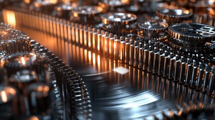 Poster - Close-up view highlights a complex arrangement of metal gears and cogs, reflecting warm light. The scene illustrates advanced engineering with fine textures and movements