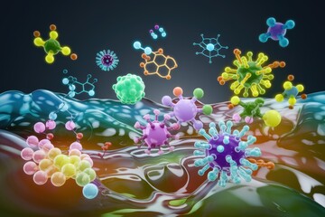 Poster - Colorful molecules and viruses floating on a vibrant liquid surface, representing the complex world of biochemistry.