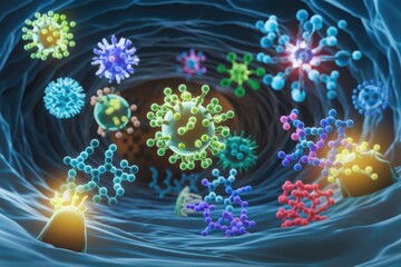 Poster - Microscopic view of diverse viruses, molecules, and cells interacting within a biological system.