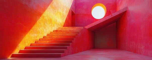 Poster - Modern architectural interior with vibrant red and orange geometric design
