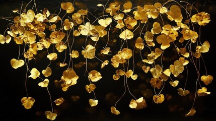 Poster - Golden Leaves Suspended Against Dark Background