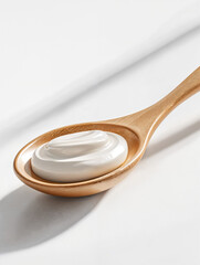 Creamy texture displayed on a wooden spoon under natural light on a white surface