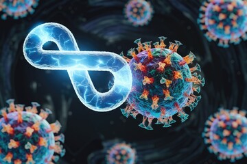 Poster - A glowing infinity symbol wraps around a coronavirus, symbolizing the continuous fight against the pandemic.