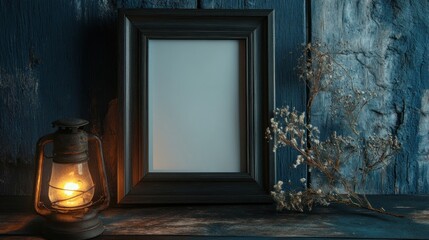 Poster - Rustic Frame Lantern Flowers Wooden Background