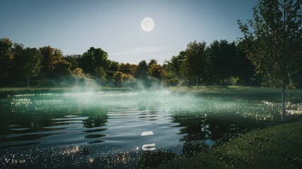 Poster - Serene moonlit lake reflecting the tranquil beauty of surrounding trees under a clear night sky.