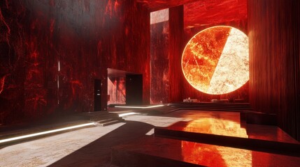 Poster - Abstract Red Room with Circular Light Feature