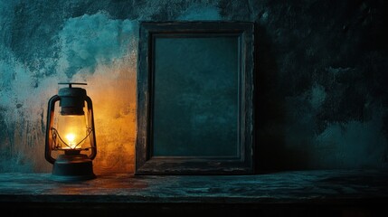 Poster - Glowing Lantern and Dark Wooden Frame Against a Textured Wall