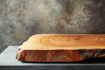 Aufkleber - Close-up of a natural wooden slab with unique wood grain texture, placed on a dark surface, symbolizing rustic design, natural materials, and handcrafted aesthetics