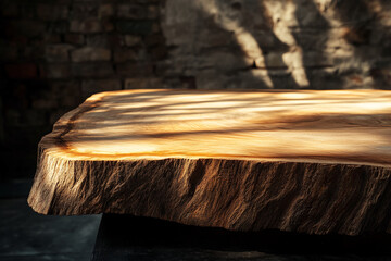 Aufkleber - Rustic wooden slab with rough natural edges illuminated by warm sunlight, showcasing natural textures and organic design, perfect for decor and artistic backgrounds