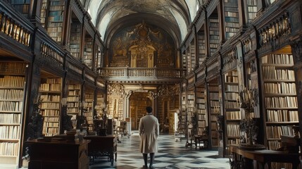 Poster - Man Stands In Grand Ornate Library Hall