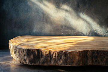 Aufkleber - Rustic wooden slab with natural textures illuminated by soft sunlight, showcasing organic craftsmanship, ideal for mockups, displays, and artistic backgrounds