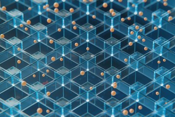 Poster - Abstract 3D rendering of a complex network structure with scattered orange spheres within translucent blue cubes.