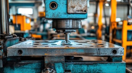 Poster - Industrial Machine Drilling Metal Plate In Factory