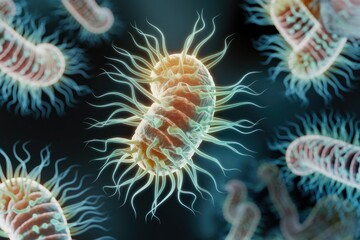 Poster - Microscopic view of multiple bacteria with flagella, illustrating their complex structures and potential for infection.