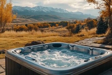 Wall Mural - Luxurious outdoor hot tub overlooking majestic mountains and scenic hills in serene afternoon light