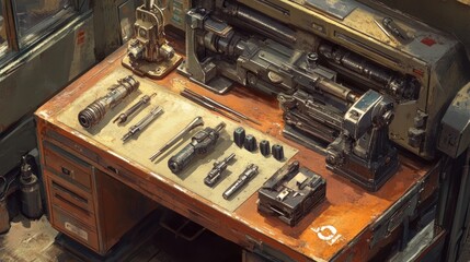 Poster - Rusty Workshop Desk With Futuristic Tools And Machines
