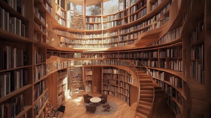 Poster - Circular Wooden Library Filled With Books And A Spiral Staircase