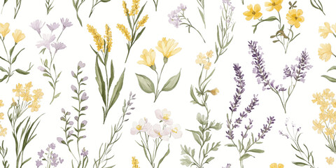  Vector seamless pattern in a Provence style with lavender flowers, arrangements, leaves and herbs hand drawn in watercolor on a white background. Ideal for wallpaper
