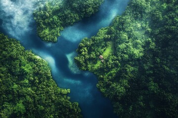 Wall Mural - Aerial view of a winding river through lush tropical rainforest and serene ecosystem