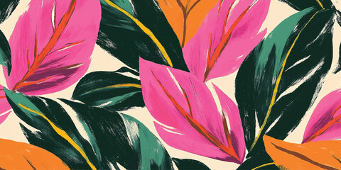 Abstract tropical foliage background in green pink colors. Vector, Seamless, pattern Retro hand drawn tropical summer seamless pattern, Vintage exotic nature textile print