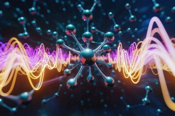 Aufkleber - Abstract representation of molecular structures and energy waves, vibrant colors showcasing scientific concepts.
