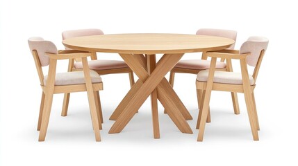 Round light wood dining table with four light pink chairs in a studio setting.  Use for interior design catalogs, home decor magazines, or website product displays