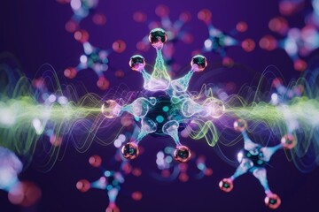 Poster - Abstract depiction of molecular structures interacting with energy waves, showcasing vibrant colors and intricate details.