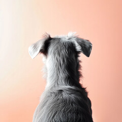 Aufkleber - Rear view of a dog with soft gray fur on a peach gradient background, symbolizing calmness, simplicity, and abstract pet aesthetics