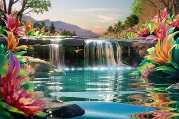 Poster - Serene waterfall cascading into a crystal-clear pool, surrounded by vibrant tropical flowers.