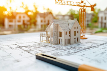 Architectural Model of a House on a Blueprint with Construction Crane in the Background During Sunset