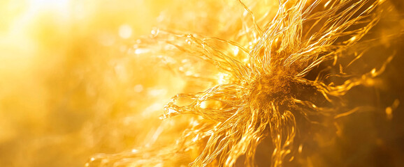 Poster - Close-up of glowing golden threads illuminated by sunlight, symbolizing warmth, creativity, and abstract beauty