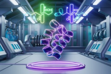 Poster - 3D model of a protein molecule in a futuristic lab setting, showcasing scientific advancement in biotechnology.