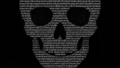 Poster - Binary skull design illustrating digital themes and cybersecurity concepts in a modern aesthetic