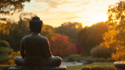 Poster - Buddha statue meditating in a peaceful garden during sunset, symbolizing tranquility, mindfulness, and spiritual harmony with nature