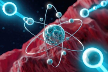 Poster - A 3D rendering of an atom with electrons orbiting the nucleus, showcasing the subatomic structure.