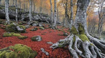 Aufkleber - Autumnal Forest Scene With Moss Covered Rocks And Fallen Leaves