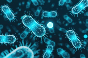 Poster - Microscopic view of rod-shaped bacteria, possibly Escherichia coli, in a vibrant blue hue.