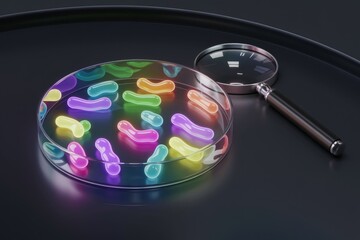 Poster - A petri dish with colorful glowing bacteria under a magnifying glass, representing microbiology research.