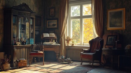 Poster - Sunlit Autumn Room With Antique Furniture And Books