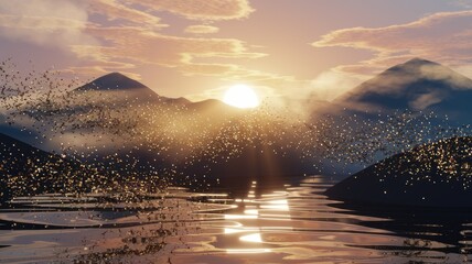 Poster - Golden sunset over tranquil lake, mountains in the background, birds flying, peaceful scene.