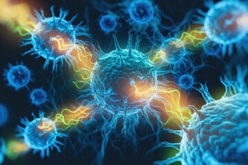 Poster - Microscopic view of cells interacting, possibly showing immune response or viral infection.  Energy flows visualized.