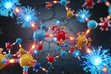 Poster - A vibrant 3D rendering showcases interconnected molecules, possibly representing a complex biological or chemical structure.