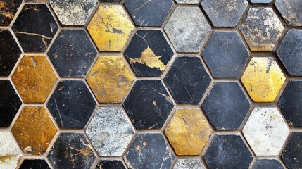 Poster - Hexagonal tiles in black gold and white tones
