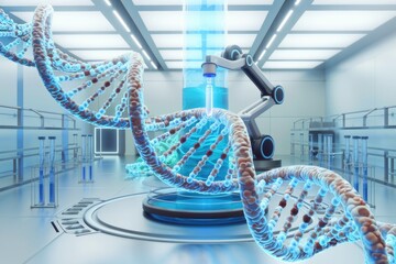 Poster - DNA research in a futuristic lab setting, showcasing advanced genetic engineering technology.