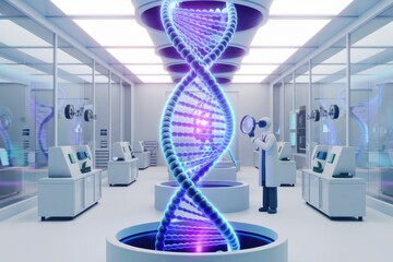 Poster - A futuristic laboratory showcasing a glowing DNA helix, a scientist examines it with a magnifying glass.