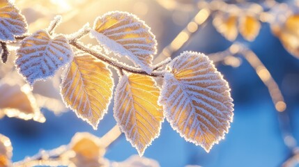 Poster - Frost Covered Autumn Leaves Glowing In Sunlight